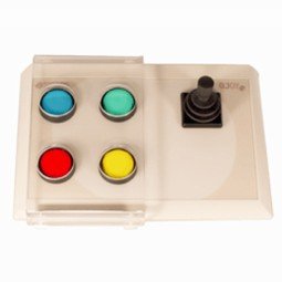 White rectangular device with four colored buttons on left side and joystick on right side.