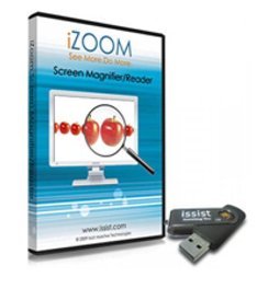 iZoom Magnifier/ Reader softare CD-ROM case with apples zoomed in on a computer screen and the iZoom USB version next to it.