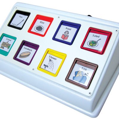 Rectangular device with eight squares that depict different symbols and illustrations.