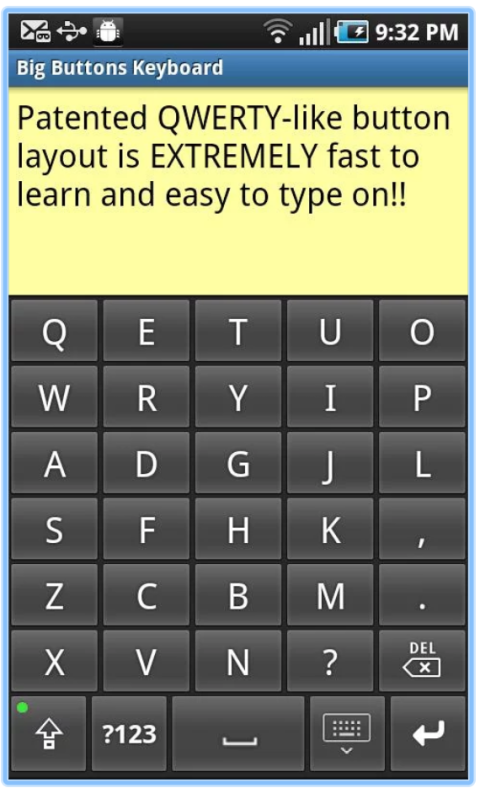 A smartphone's screen with a keyboard that takes up more than half of the screen; the other portion of the screen displays the typed text. The keys are arranged in a QWERTY-like layout.