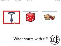 Screenshot of activity with three icons containing different objects. Below, the words "What starts with 't'?" and a speaker icon.
