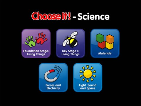 Screenshot of "Choose it" menu screen with five different icons against a black background. 