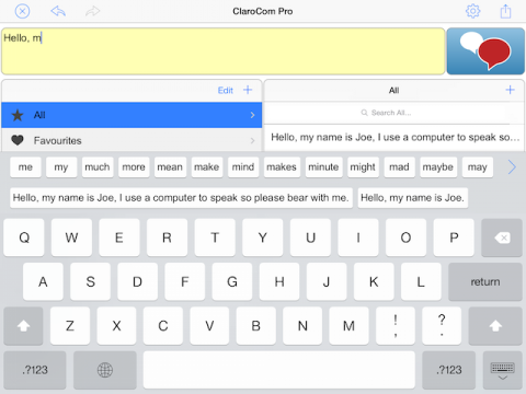Screenshot of ClaroCom keyboard with word prediction on iPad.