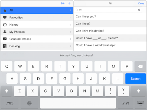 Screenshot of ClaroCom keyboard with phrase prediction on iPad.
