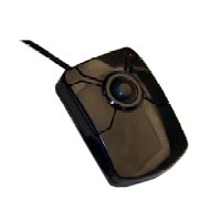 Rectangular mouse with mini trackball surrounded by three buttons on top, left, and right sides of the ball.