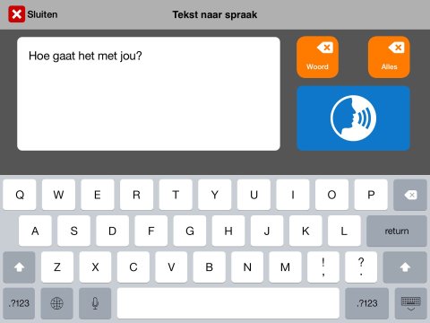 Screenshot of Eline Speaks featuring an on-screen keyboard and large icon buttons.