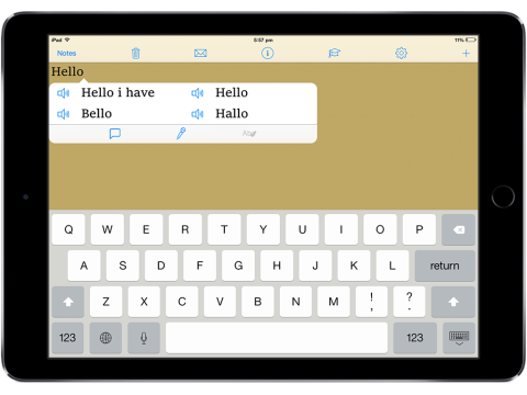 Word typed in Typ-O for iPad with word prediction options below.