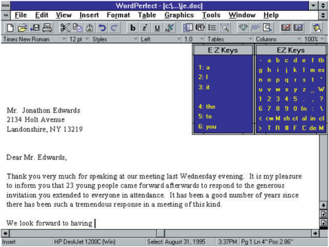 A text processing screen with key shortcut menu and letter menu.