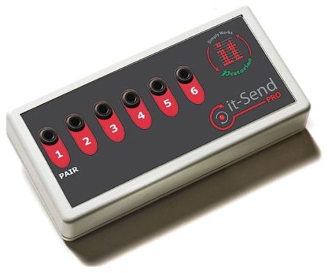 Rectangular box with six inputs for switches.