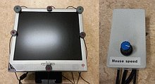 Two pictures side by side, with the one on the left showing a touch pad with wires connected to it and the picture on the right showing a device with a mouse speed dial.
