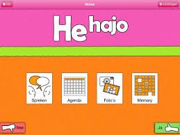 He hajo app menu featuring four rectangular buttons with the options speak, memory, photos, and agenda.