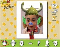 Screenshot of computer photo of a child with funny hat, ears, nose, and eyebrow stickers.