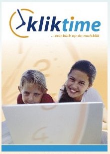 Two people looking at the computer screen with Kliktime logo above them.