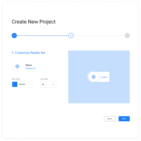The Create New Project page where users can customize the reader bar and change the icon color and size.