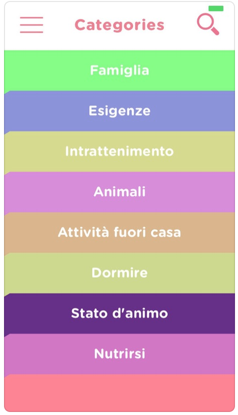 Screenshot of mobile app menu featuring various categories listed in different colors.