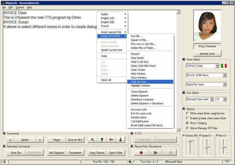Screenshot of a text input window to playback a voice showing a series of cascading menus on the left and an image of the person's voice in the upper right.