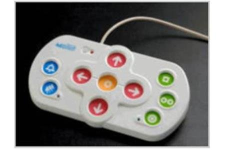 Rectangular device with two buttons along left edge, four arrow keys in center surrounding a center button, and three keys along the right edge.