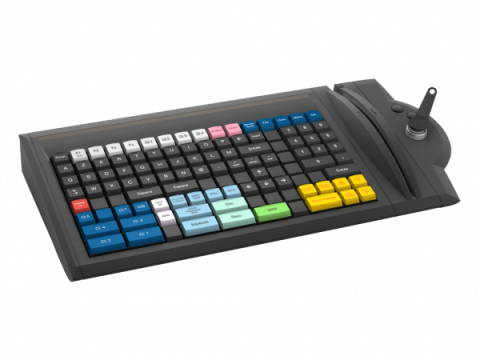 Black keyboard with multicolored keys and magnetic stripe reader
