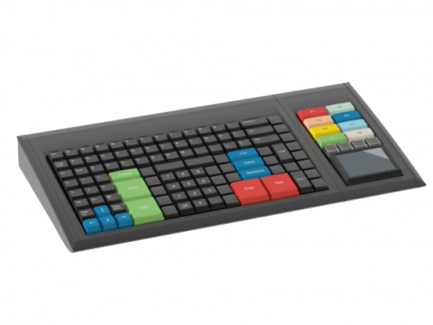 Black keyboard with multicolored keys and touchpad extension