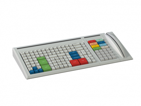 Gray keyboard with muticolored keys and magnetic stripe reader