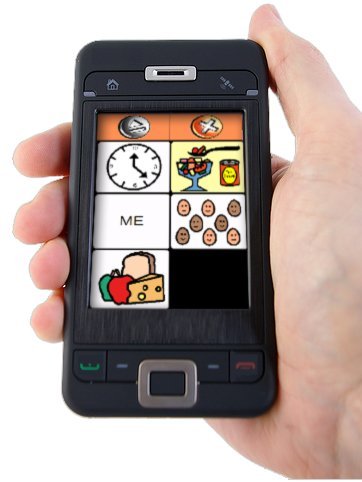 An aac board on a smartphone consisting of a drawn clock, food on a spoon, the word ME, a group of drawn heads with faces, and a drawn bread/fruit/cheese picture.