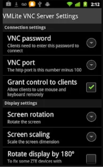 A screenshot of a phone with the VMLite VNC Server Settings menu: For connection settings, a VNC password can be opted and a checkbox to grant control to clients. For Display settings, screen rotation, screen scaling and Rotate display by 180 can be chosen.