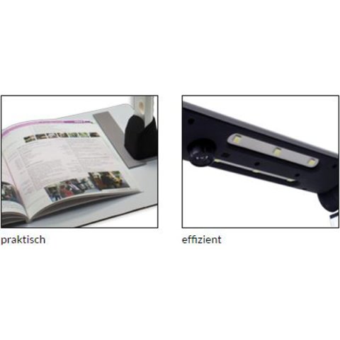 A book open on the gray document platform (left) and a black camera attached to scan a document (right).