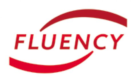 Fluency logo shows the name written in red capital letters with a red wave-like stroke above and below the letters.