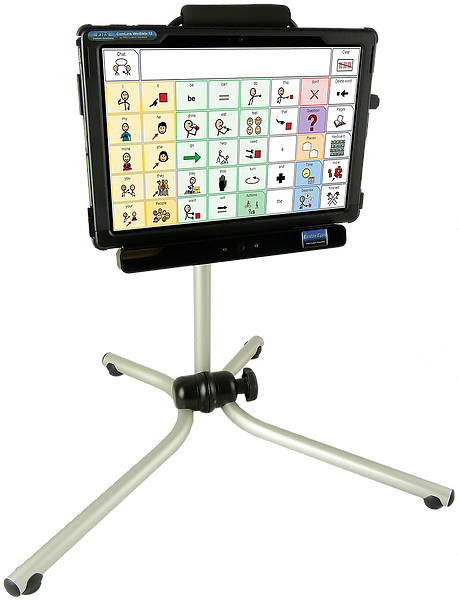 LCD screen on stand with a grid of pictures varying in colors and images.