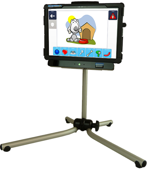 LCD screen on stand with a cartoonish picture displayed of dog and house and a ribbon below with a set of other pictures.
