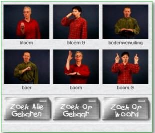 Dutch Sign Language program screenshot with six DSL gesture videos and their Dutch translation.