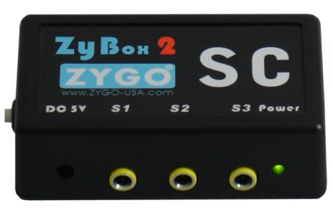 Black, rectangular device with three 3.5mm jacks on the side and product name on the top.