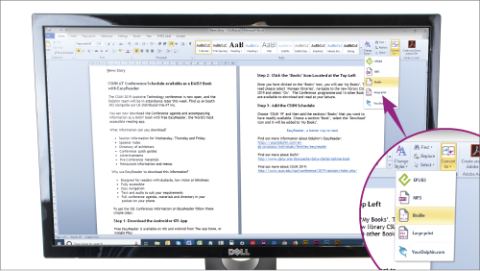 EasyConverter Express being used within a Word document, with an arrow pointing to the Braille selection highlighted on the screen.