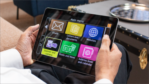 GuideConnect Main Menu options on a tablet device, including Email, Letters and Documents, Websites, Scanner and Camera, Books and News, and Address Book and Calendar.