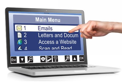 Large text, full-screen menu open on a laptop, with options including Emails, Letters and Documents, Access a Website, and Scan and Read.