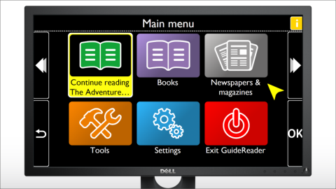 GuiderReader Main Menu options on a monitor including, Continue Reading, Books, Newspapers and Magazines, Tools, Settings, Exit GuideReader. 