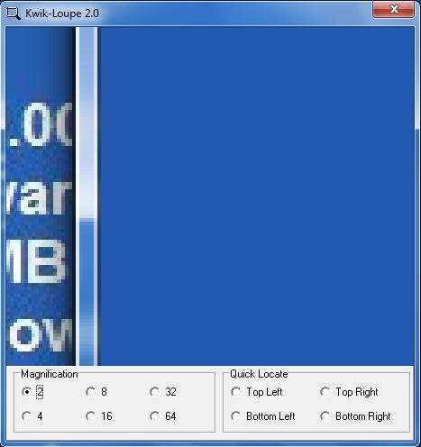 A blue software interface that is currently magnified, with an options menu at the bottom.