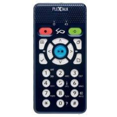 PLEXTALK Pocket in navy with speaker, sound control buttons and 10 key.