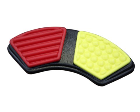 A quarter-circular doughnut shaped device with a large trapezoid-shaped yellow button and a large trapezoid-shaped red button. 