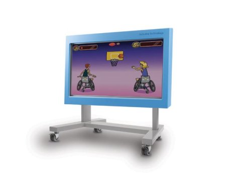 Large, blue touchscreen device on a wheeled floor stand.