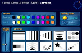 Menu titled "1 press Cause & Effect: Level 1: patterns" and includes choices for colors, activity order, length, and various activities represented by thumbnails of patterns.