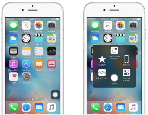 Two screenshots of iPhone screens. One features a semi-opaque white round button floating over the Home screen. The other screen shows a floating, semi-opaque shortcut menu with various icons floating over the Home screen.