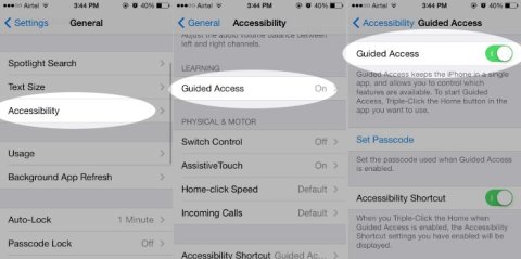Settings, accessibility, and Guided Access screens on a smartphone interface.