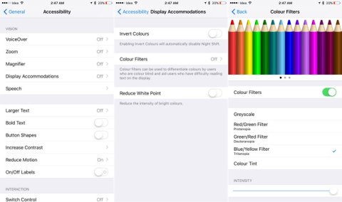 Screenshot of color filters options in iOS Settings.