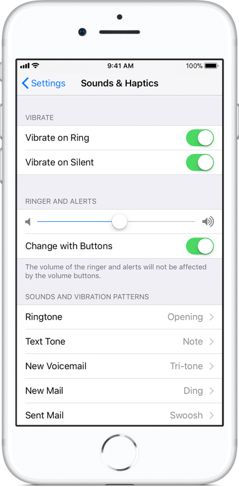 A screenshot of the Sounds & Haptics Menu in iOS, showing how the vibrating alerts are toggled to "on."