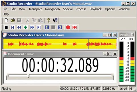 Screenshot of Studio Recorder interface showing a PC screen with a menu bar at the top, icons on the second row, recorder arrows like play, fast forward, reverse, a bright red round record button next to a square stop button, all on the third row. Under these is a yellow band of color with a voice recording graph on it in red. The majority of the screen is a digital clock showing 32.089 minutes on a white background.