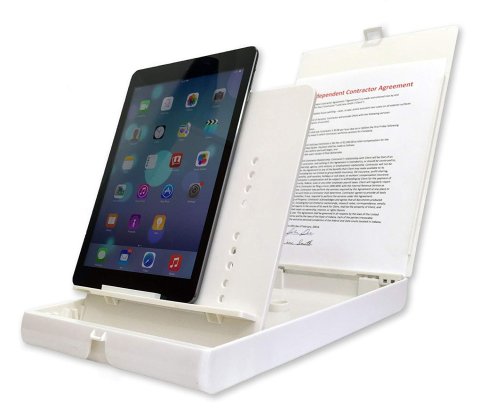 White portable stand with two flaps, one with a ledge to prop a device on and the other to place the document to be scanned. This image version is seen holding an iPad.