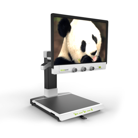Computer monitor with an image of a panda bear on a stand with a flat tray for scanning documents. There are three, large control knobs at the bottom of the monitor screen.
