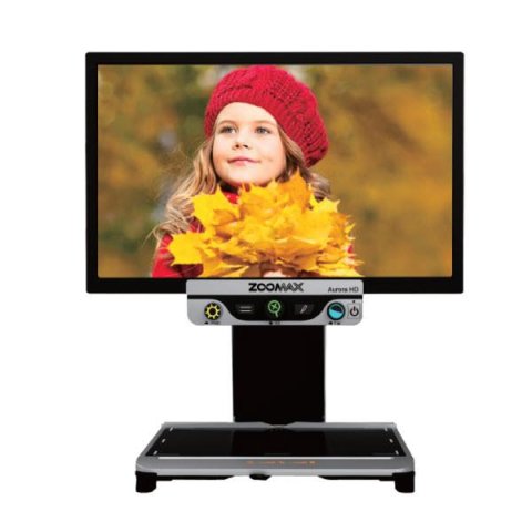 Monitor showing a girl with a red cap with a video magnifier below is mounted on a black clamp.