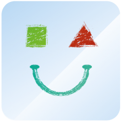 CommunicoTool 2 logo. It features an illustration of a smiley face. The left eye is a green square. The right eye is a red triangle. The smiley face is drawn in the style of a children's crayon drawing.